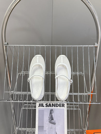 Hermes Women White Mesh Leather Mary Jane Flats