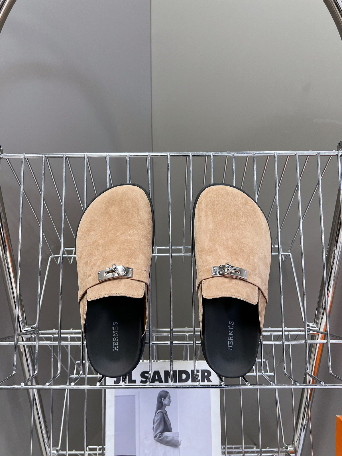 Hermes Women Beige Suede Leather Slippers