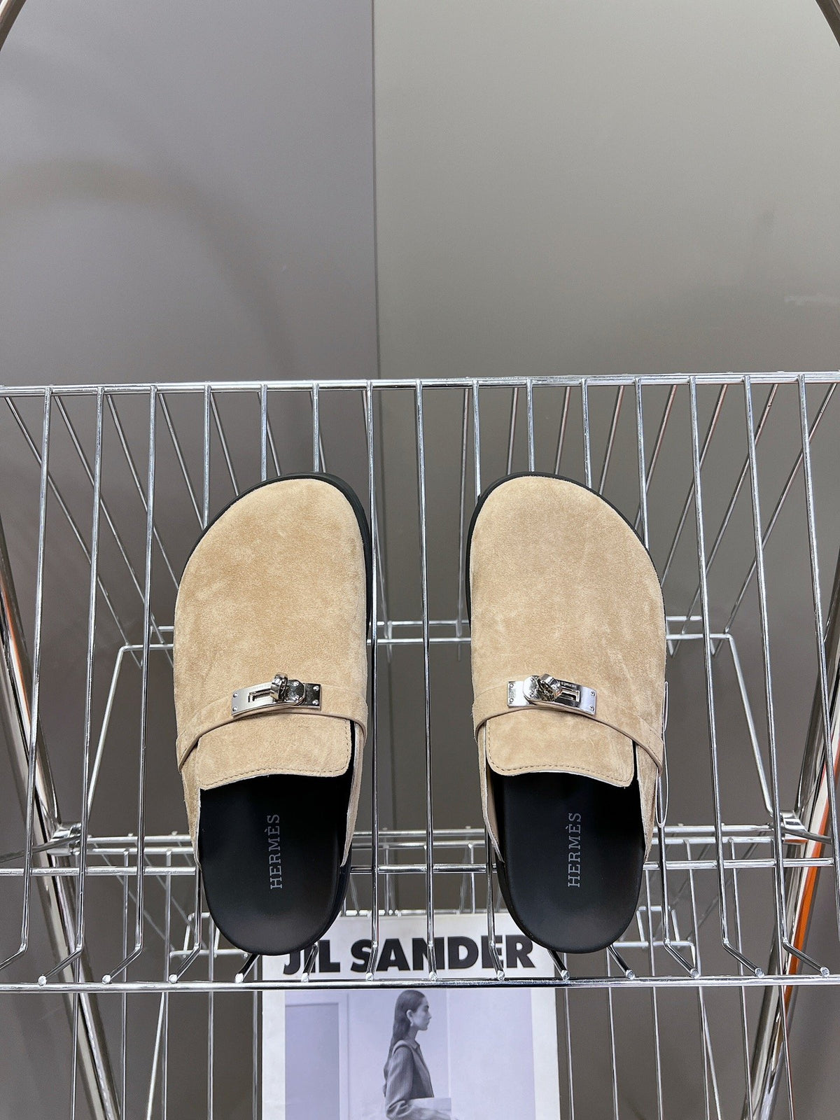 Hermes Women Beige Suede Mules