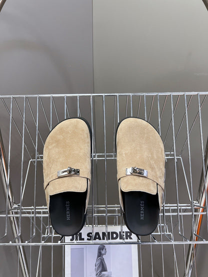 Hermes Women Beige Suede Mules