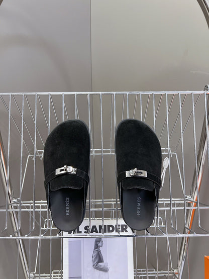 Hermes Women Black Suede Leather Slippers