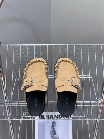 Hermes Women Beige Suede Buckle Mules