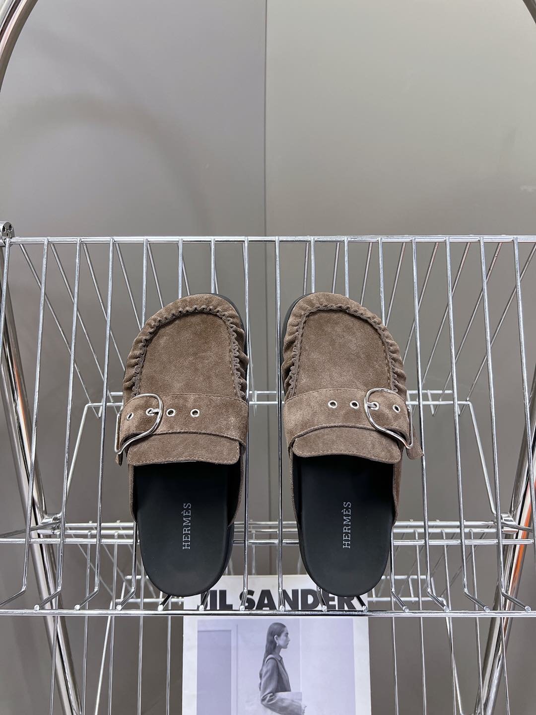 Hermes Women Brown Suede Buckle Mules