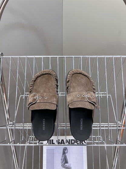 Hermes Women Brown Suede Buckle Mules