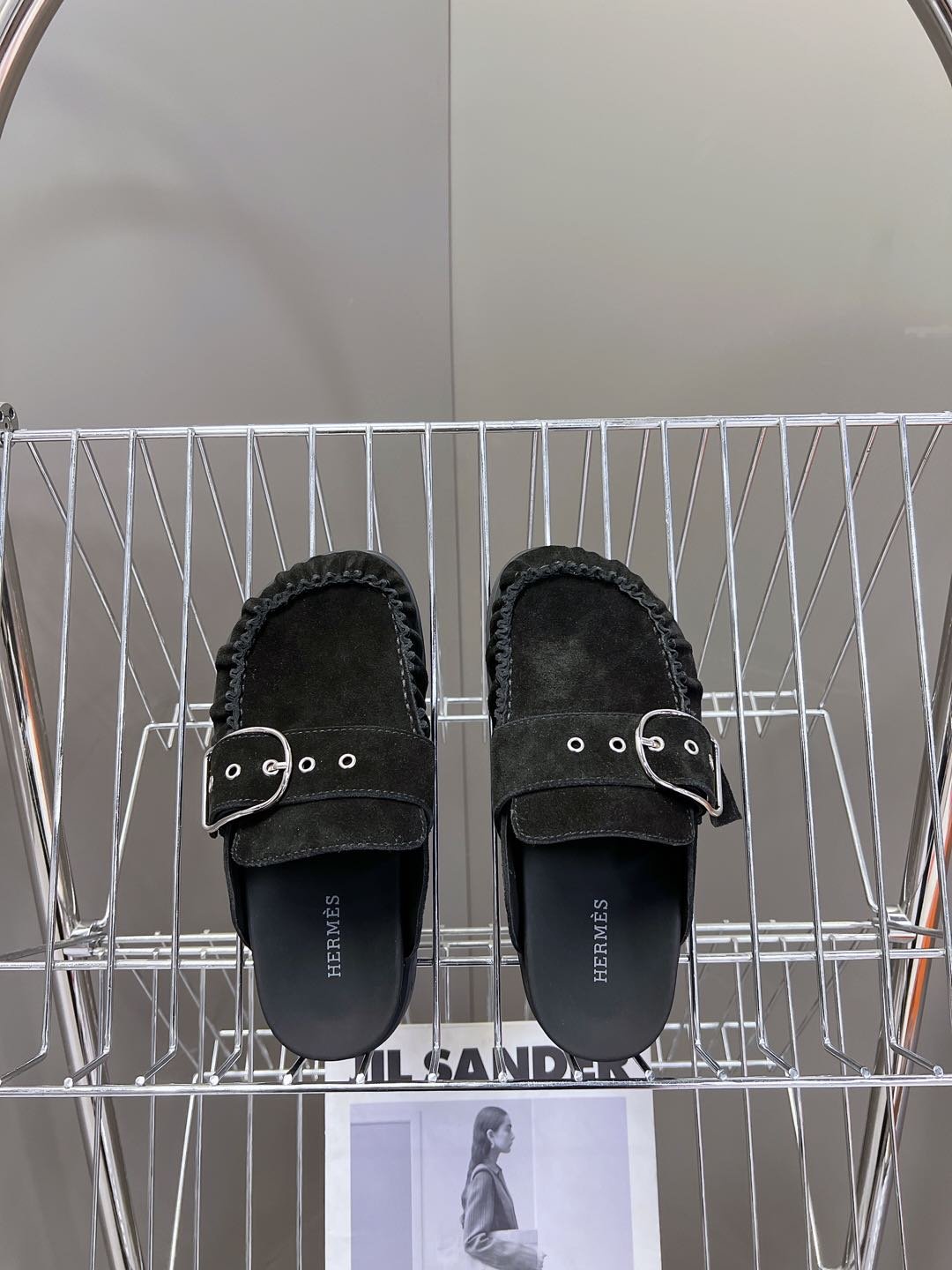 Hermes Women Black Suede Buckle Mules