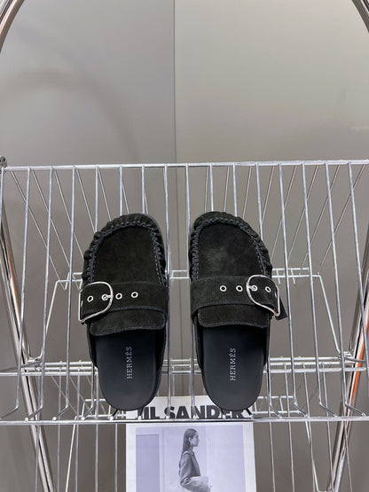Hermes Women Black Suede Buckle Mules