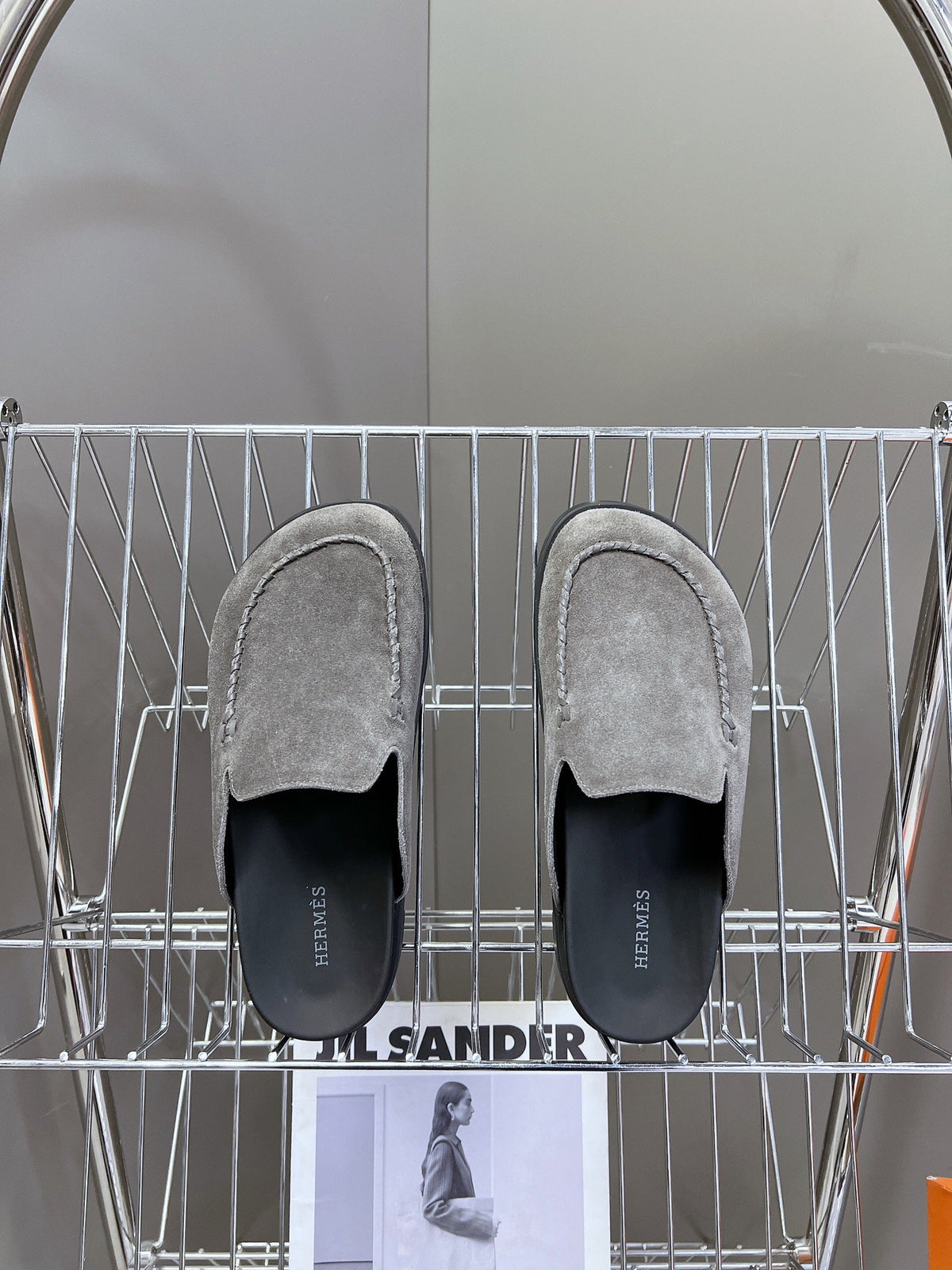 Hermes Women Gray Suede Slip-On Loafers
