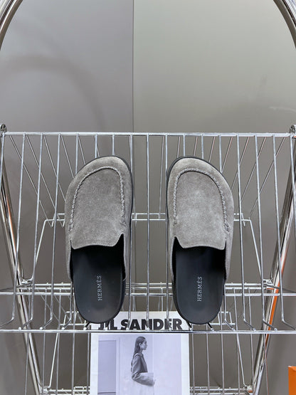 Hermes Women Gray Suede Slip-On Loafers