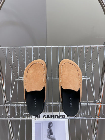 Hermes Women Tan Suede Slippers