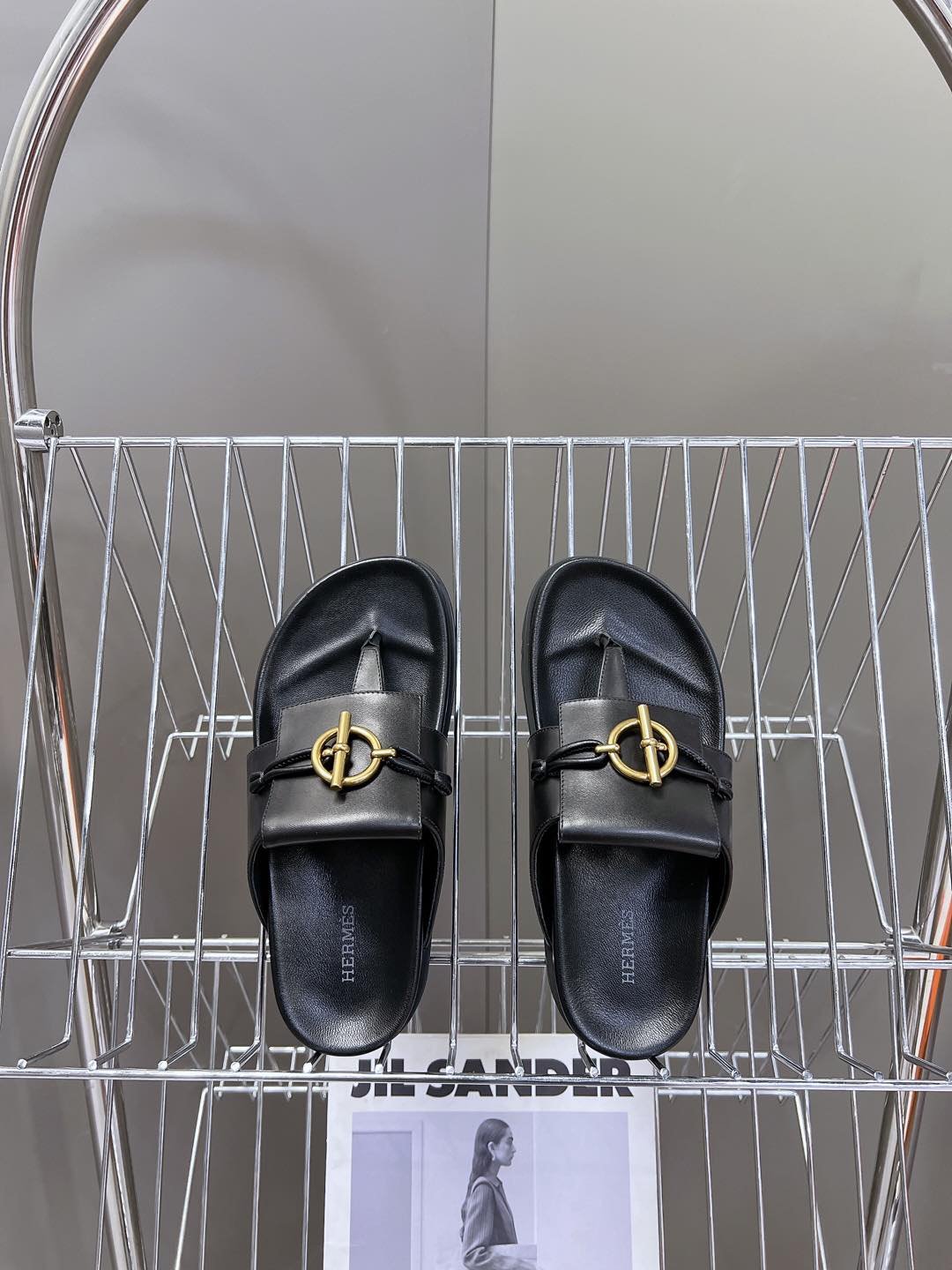 Hermes Women Black Leather Sandals