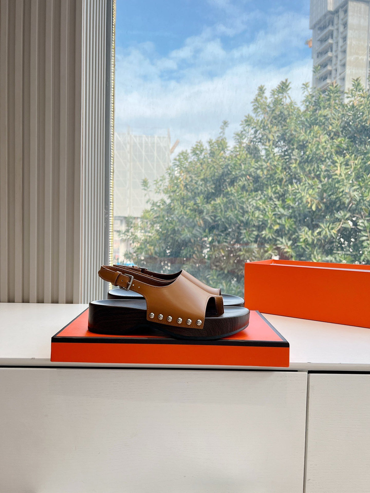 Hermes Women Brown Leather Slingback Sandals