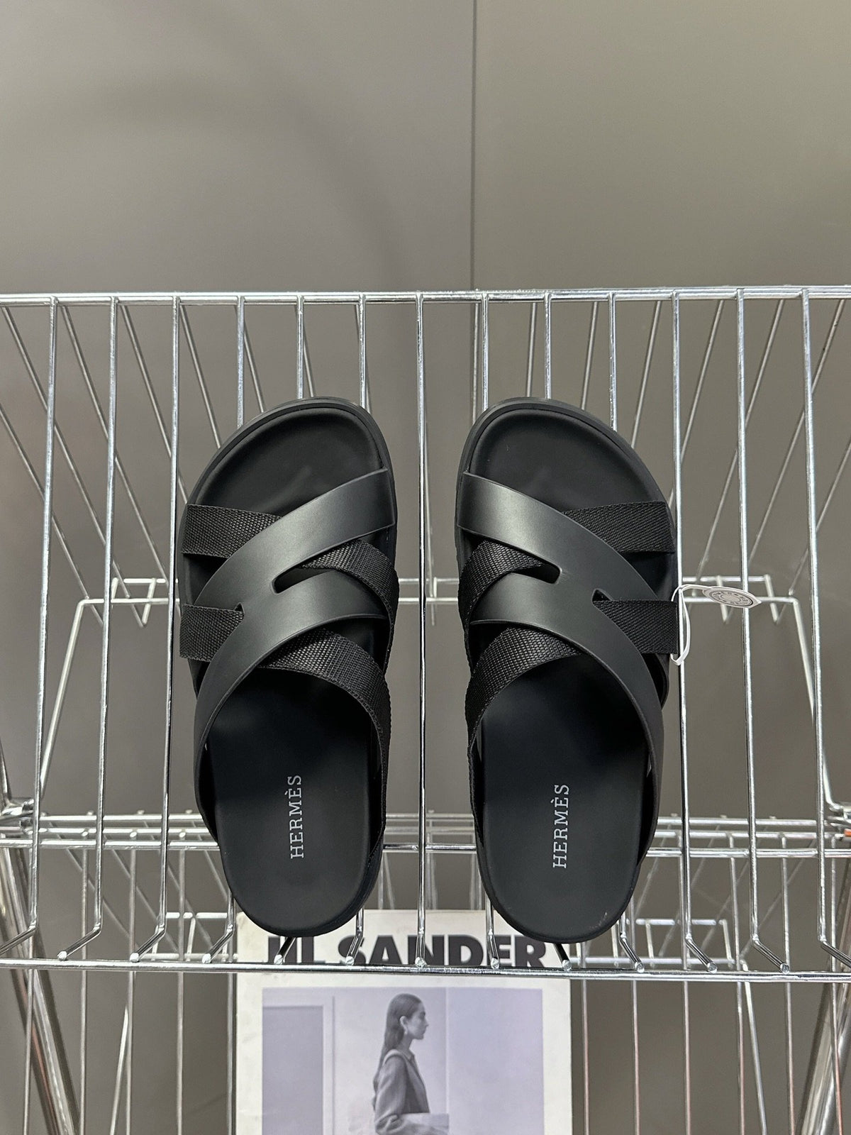 Hermes Women Black Leather And Fabric Sandals