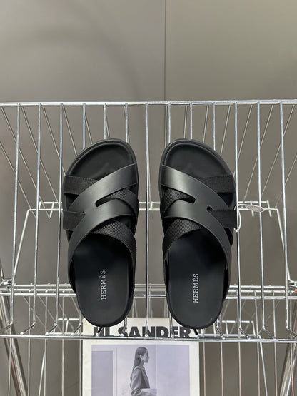 Hermes Women Black Leather And Fabric Sandals