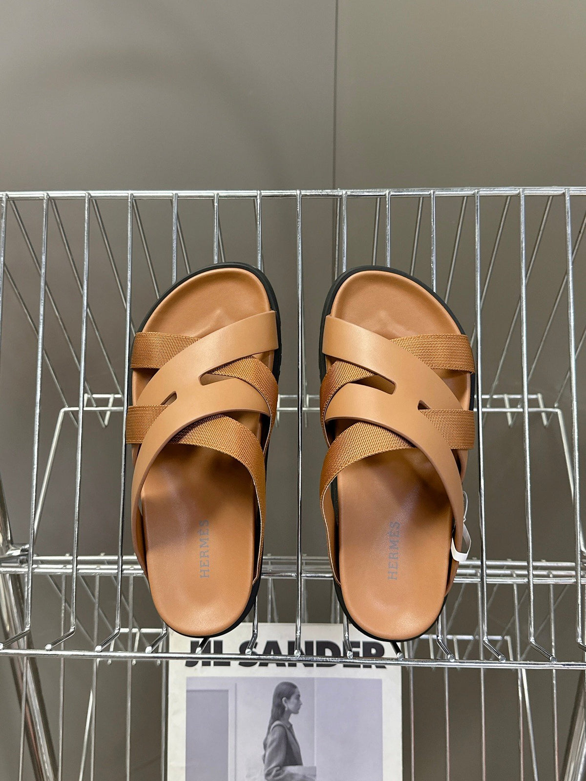 Hermes Women Tan Leather And Fabric Sandals