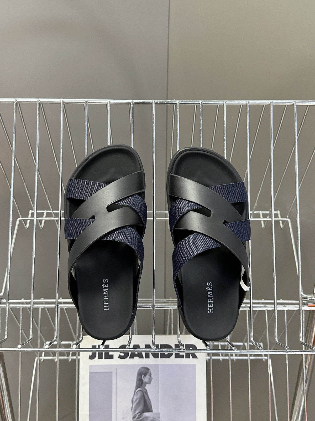 Hermes Women Navy Blue Leather And Fabric Sandals