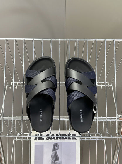 Hermes Women Navy Blue Leather And Fabric Sandals