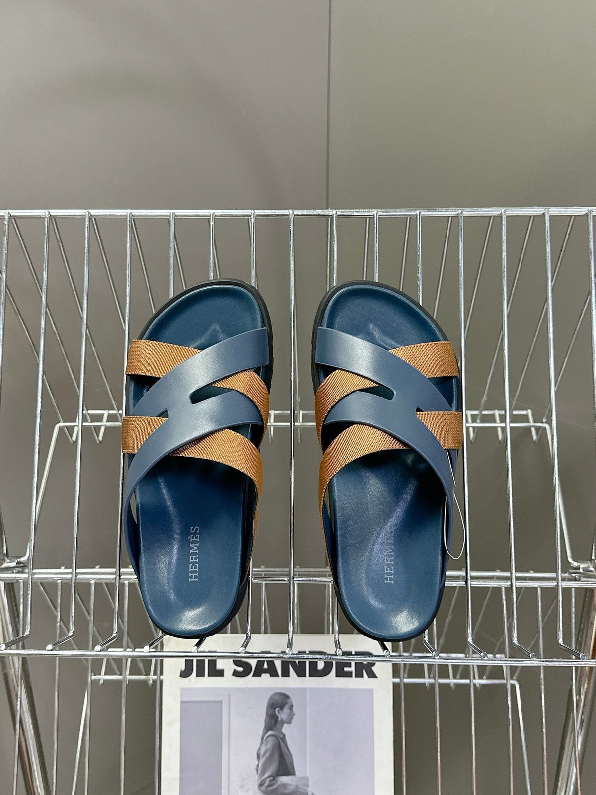 Hermes Women Navy Blue Leather And Brown Sandals