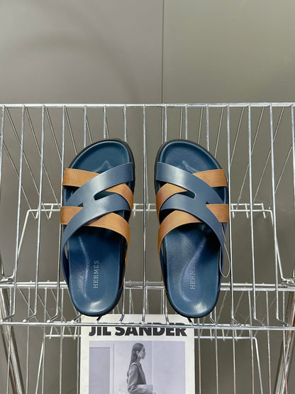 Hermes Women Navy Blue Leather And Brown Sandals