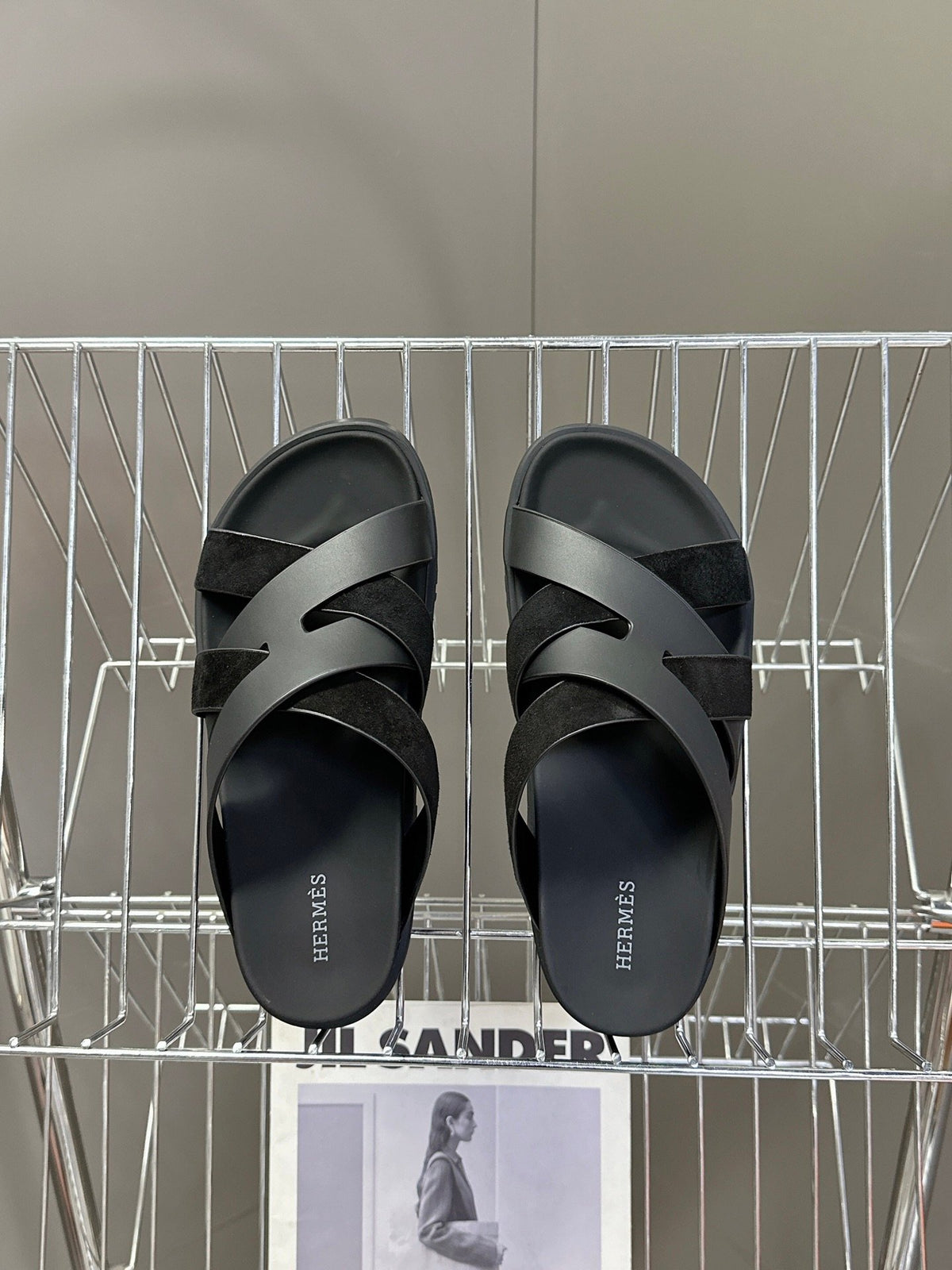 Hermes Women Black Leather Suede Sandals
