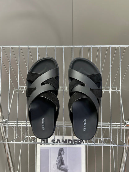 Hermes Women Black Leather Suede Sandals