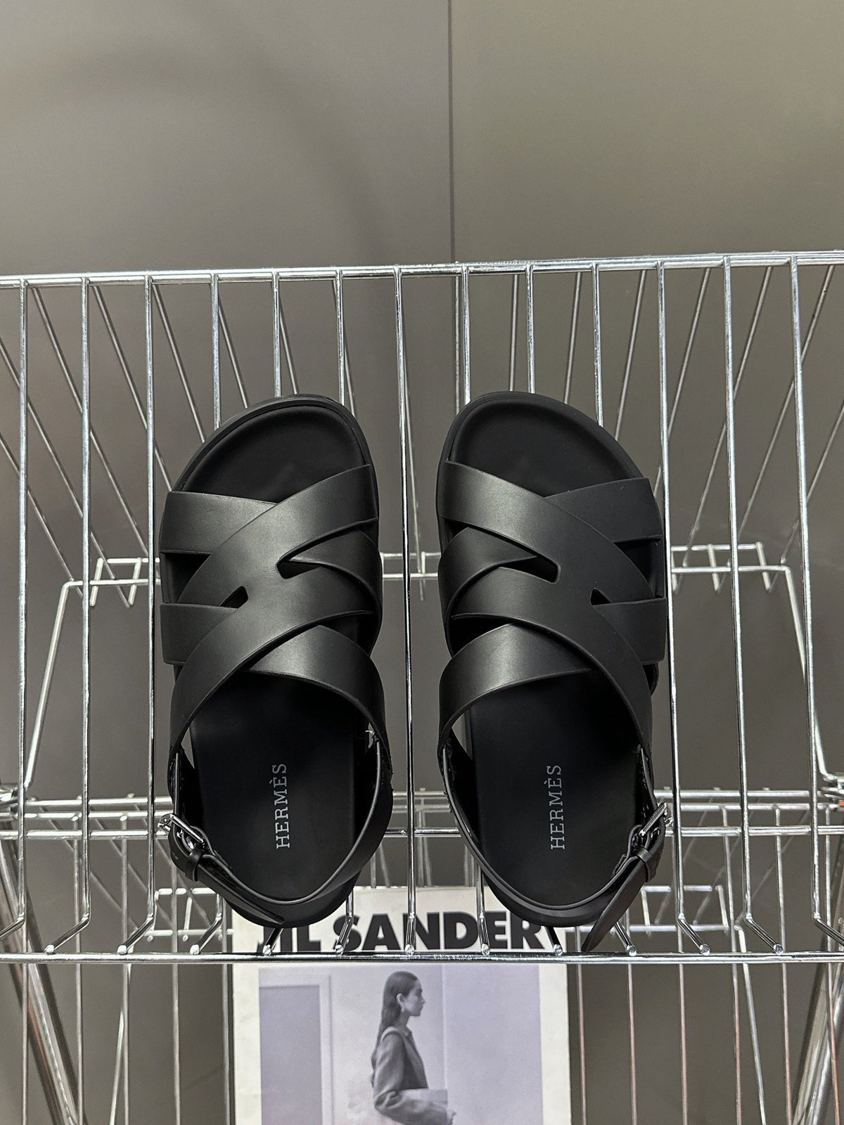 Hermes Women Black Leather Strappy Sandals