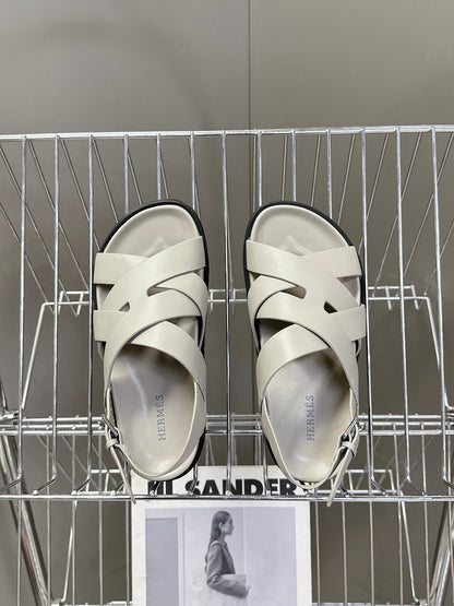 Hermes Women Light Gray Leather Sandals