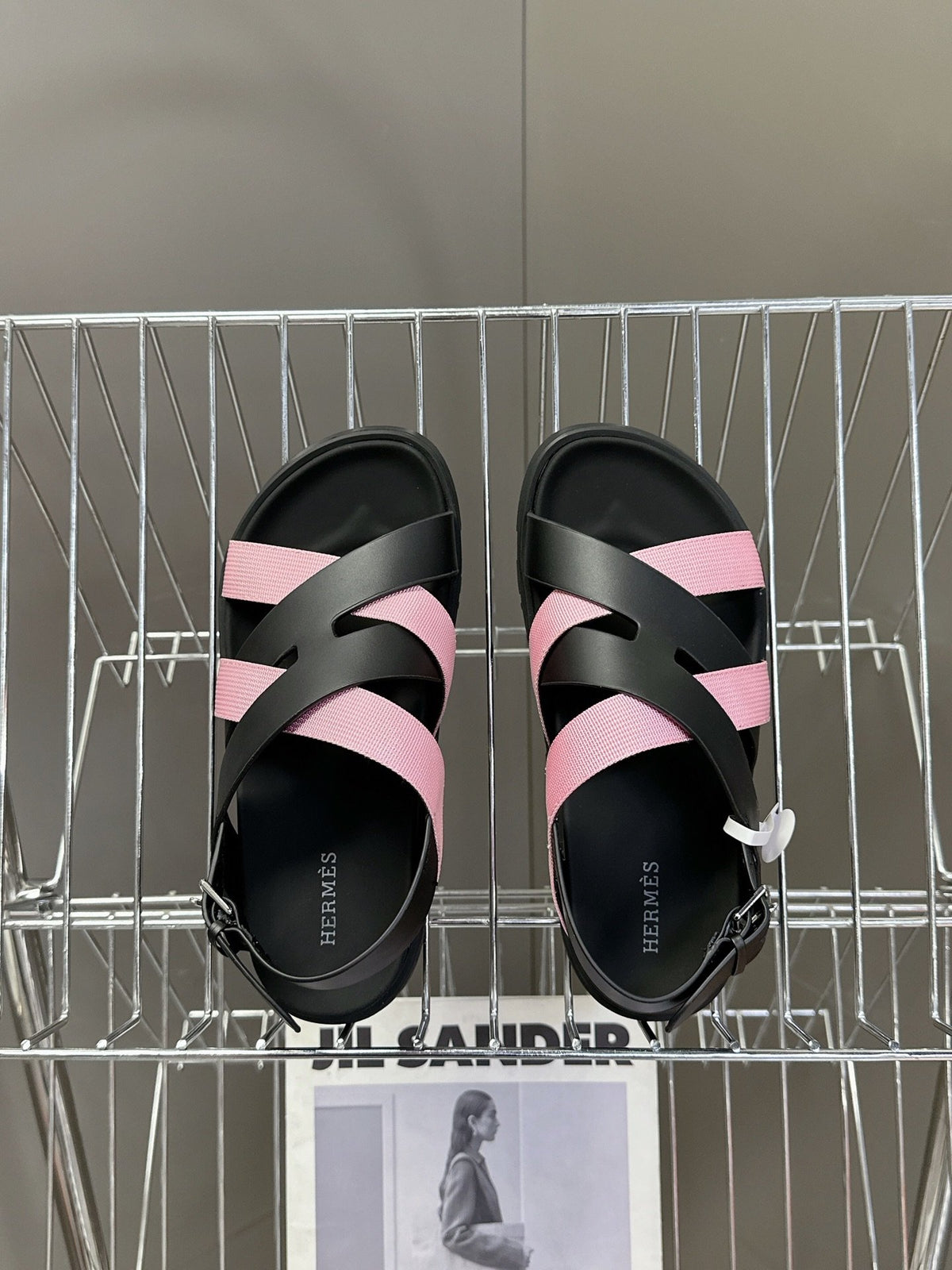 Hermes Women Black Pink Leather Strappy Sandals