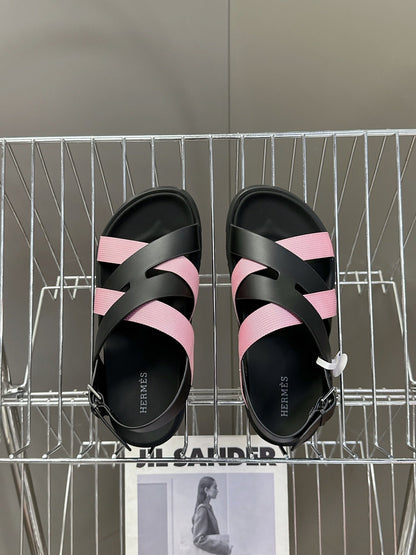 Hermes Women Black Pink Leather Strappy Sandals