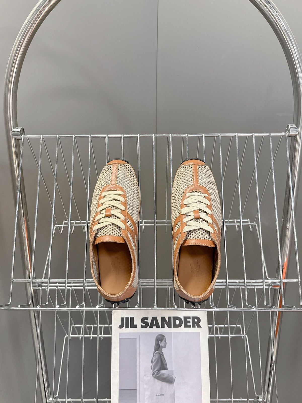 Hermes Women Beige Mesh And Tan Leather Sneakers