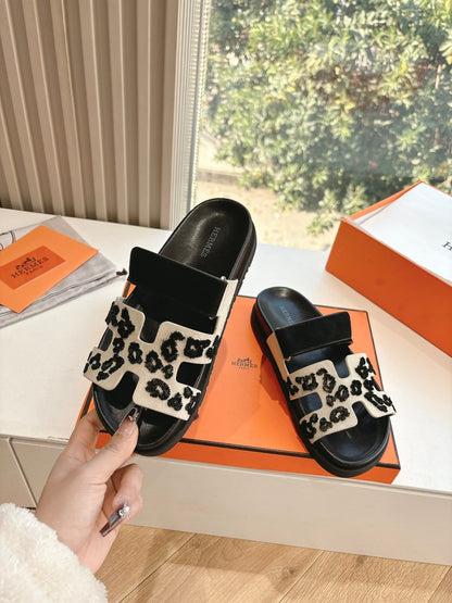 Hermes Women Black Suede And Leopard Print Sandals