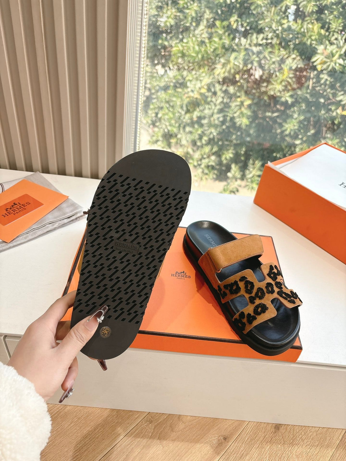 Hermes Women Tan Suede Leopard Print Slippers