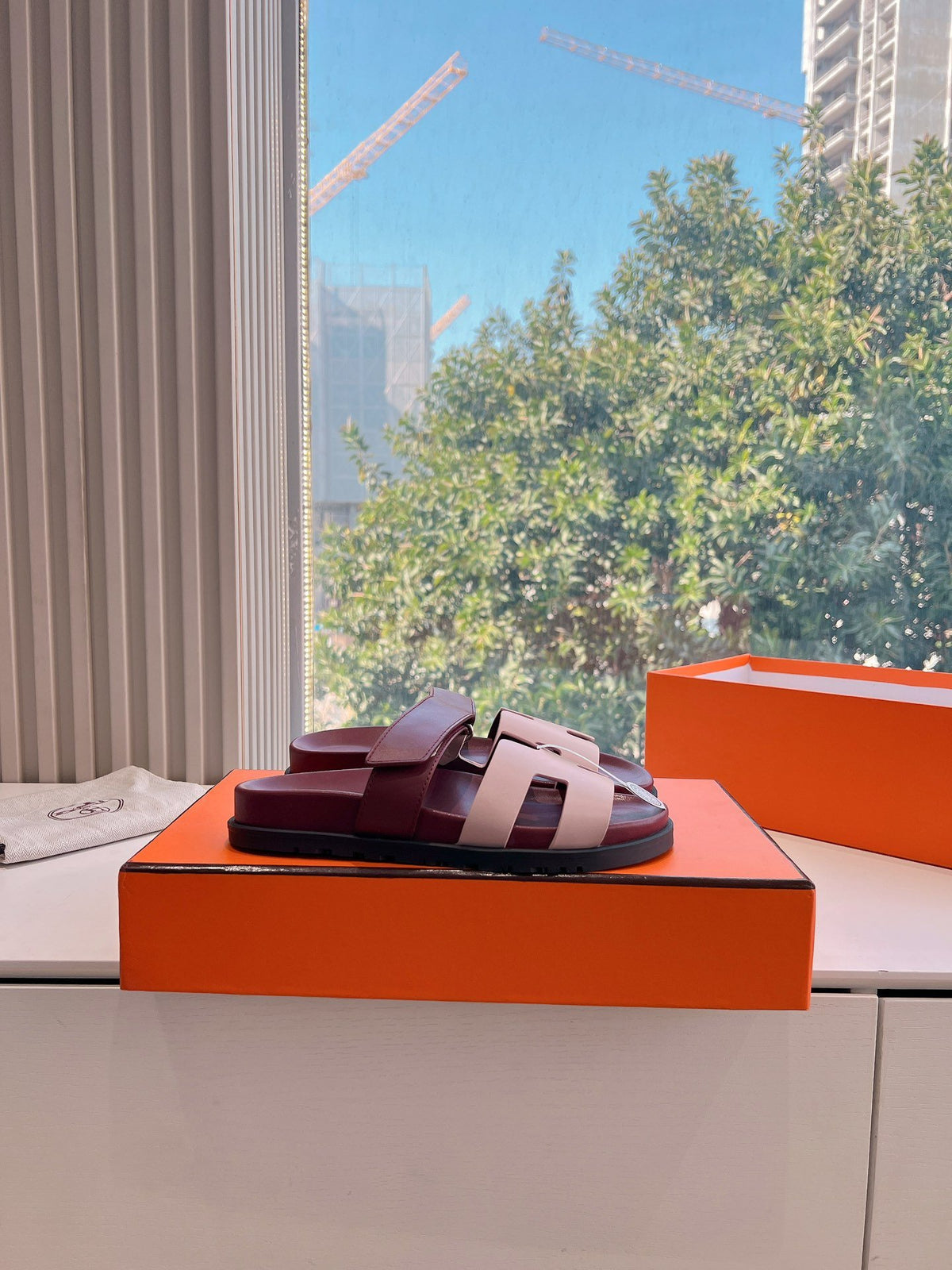 Hermes Women Burgundy Leather Pink Accent Sandals