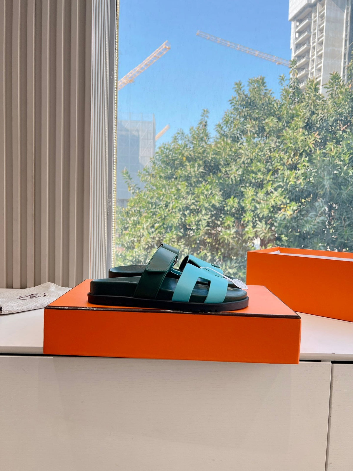 Hermes Women Green Leather Blue Sandals