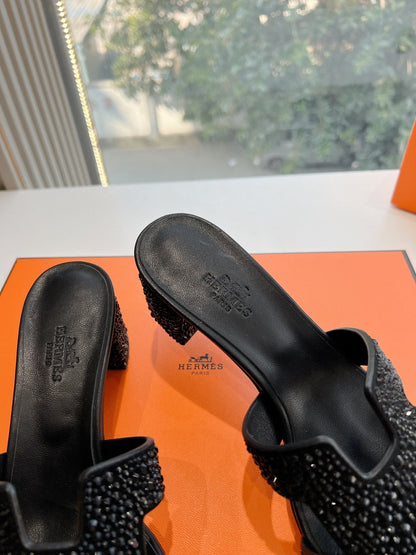 Hermes Women Black Embellished Leather Mules