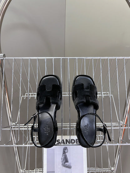 Hermes Women Black Suede Leather Sandals