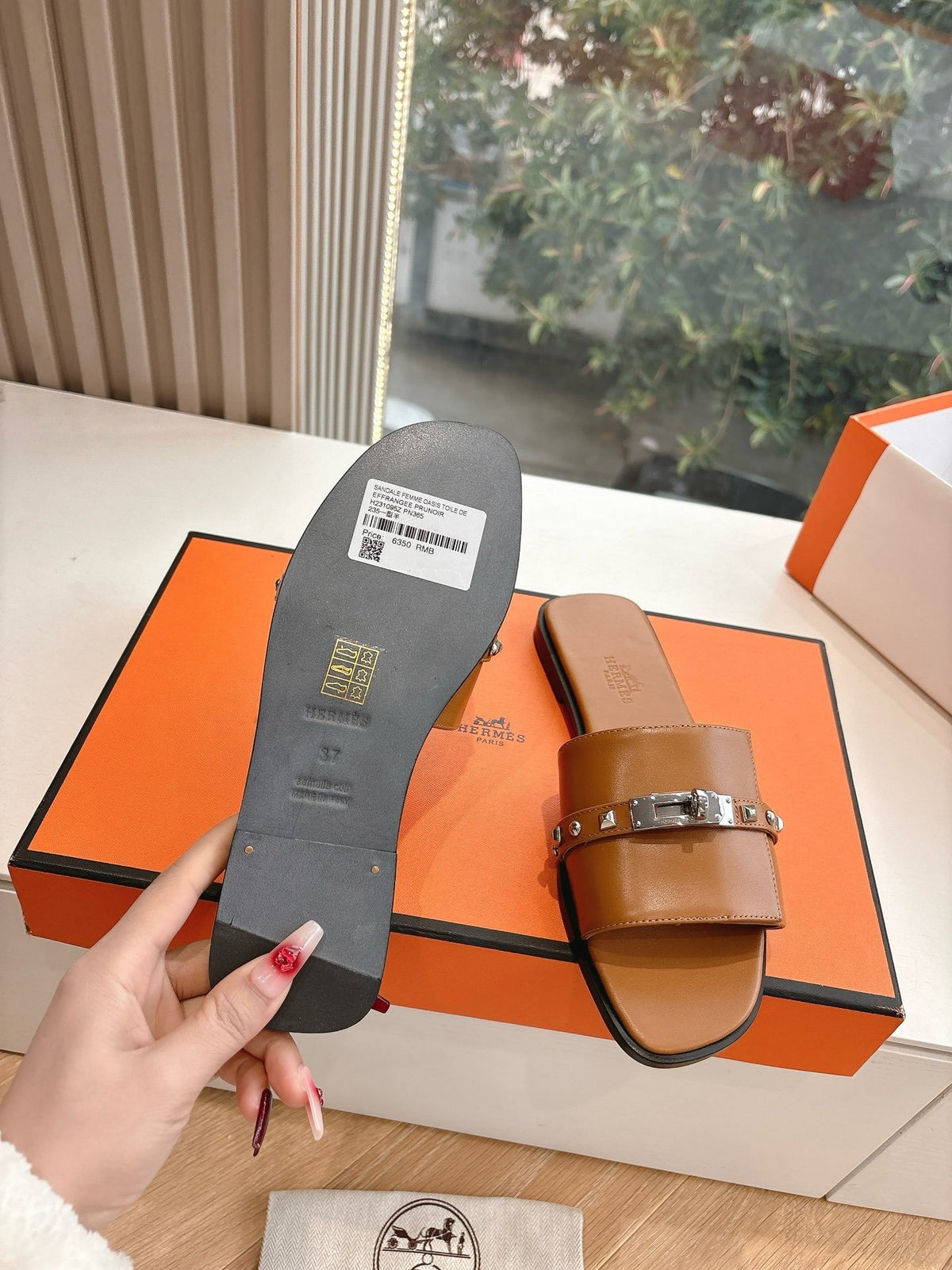 Hermes Women Brown Leather Slide Sandals