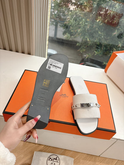 Hermes Women White Leather Slide Sandals