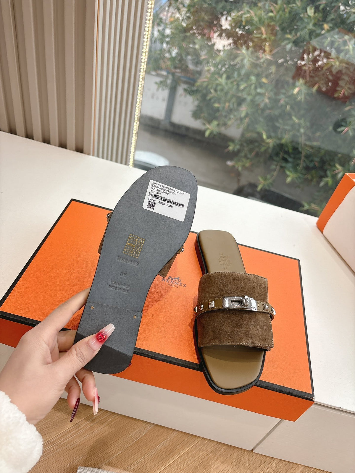 Hermes Women Brown Suede Slide Sandals