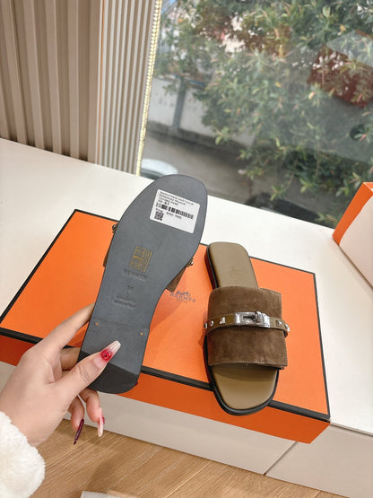 Hermes Women Brown Suede Slide Sandals