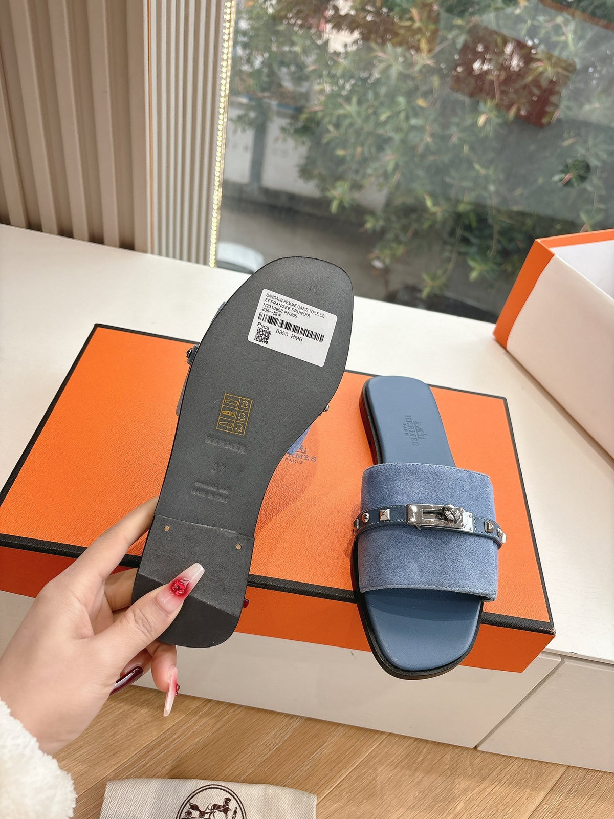 Hermes Women Blue Suede Flat Slide Sandals