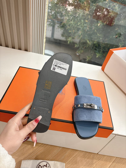 Hermes Women Blue Suede Flat Slide Sandals