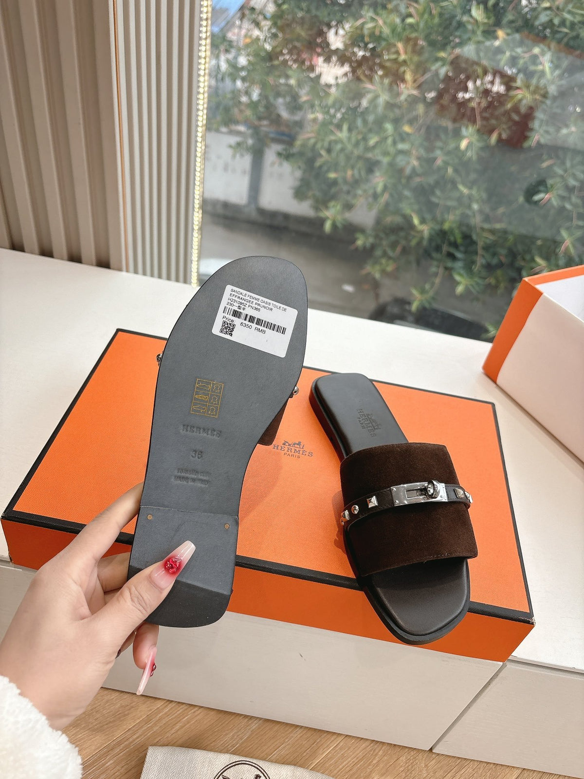 Hermes Women Dark Brown Suede Leather Strap Mules