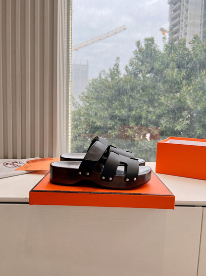 Hermes Women Black Leather Strap Sandals