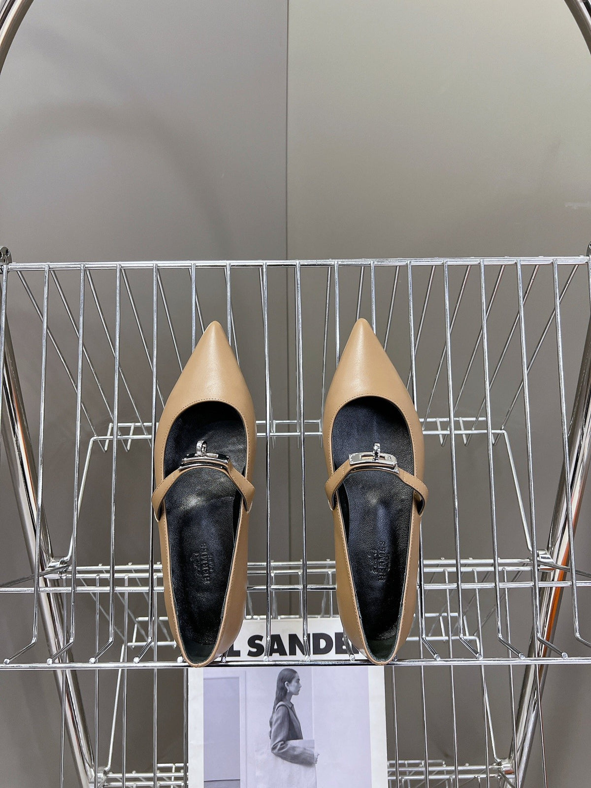 Hermes Women Beige Leather Pointed Strap Flats