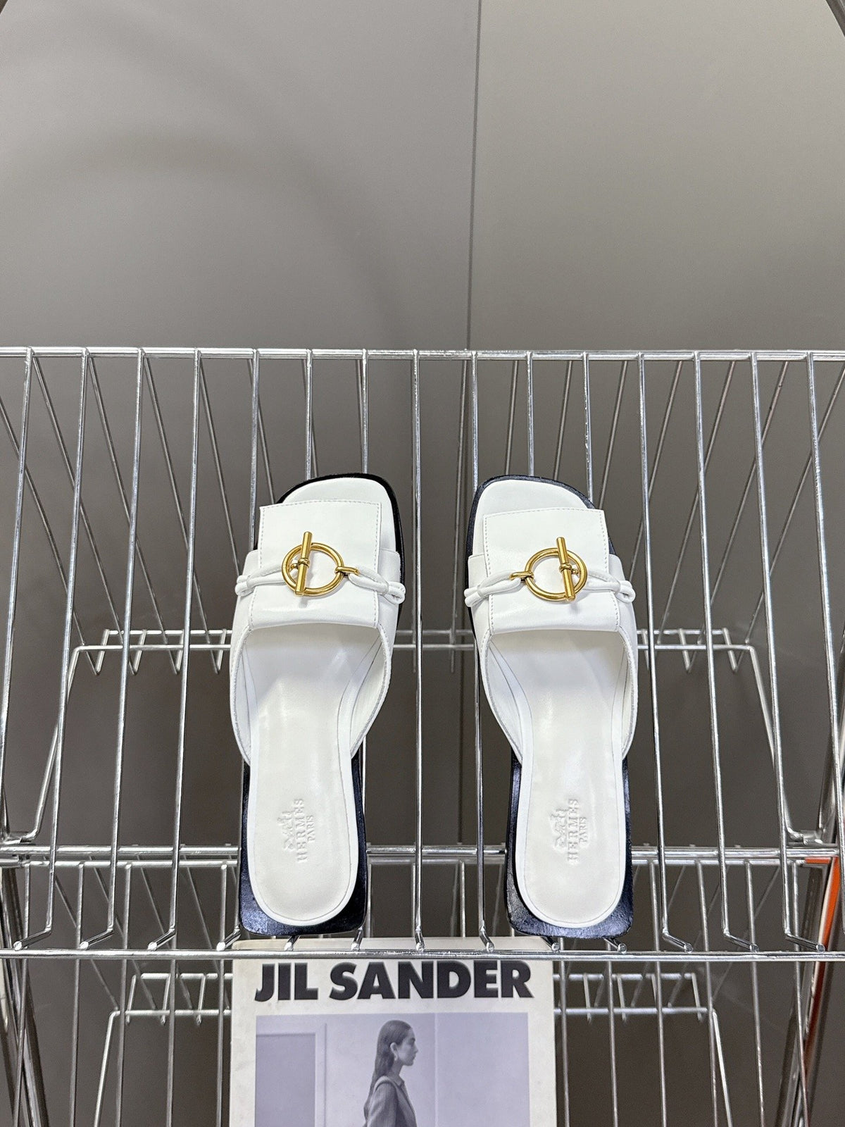Hermes Women White Leather Mules