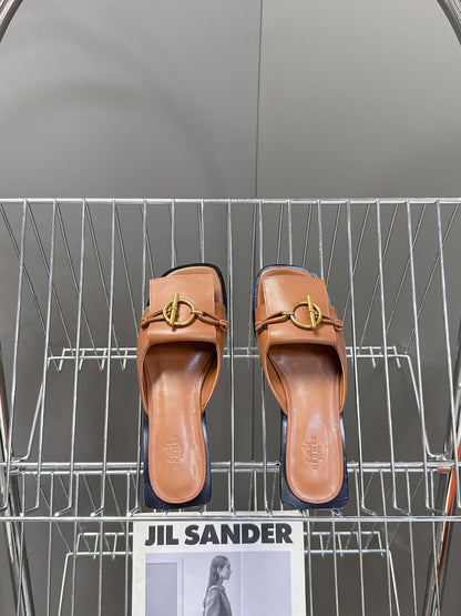 Hermes Women Brown Leather Flat Mules