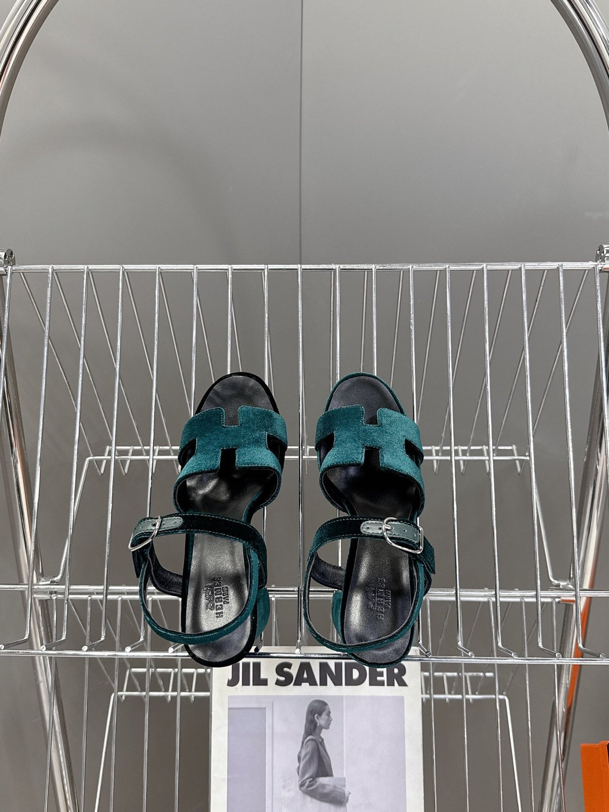 Hermes Women Dark Green Suede Sandals