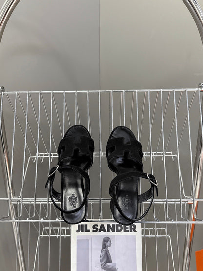 Hermes Women Black Suede Sandals