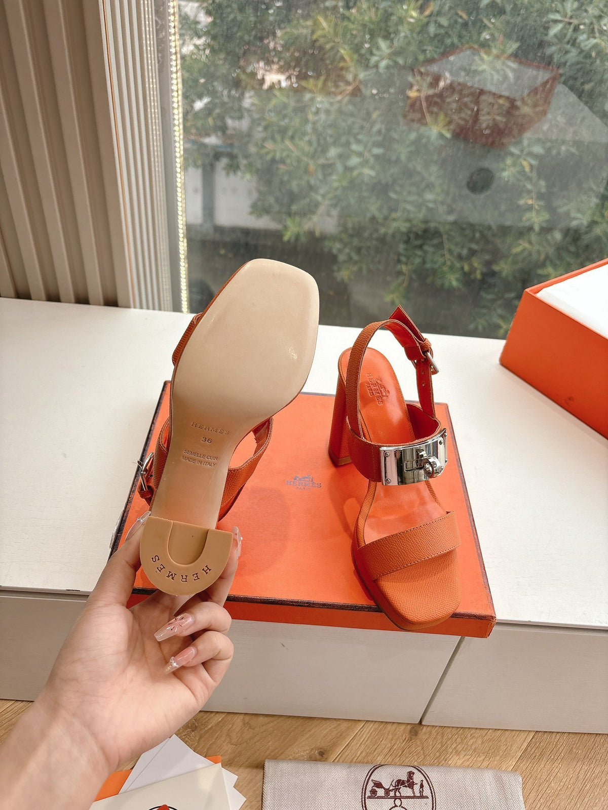 Hermes Women Orange Leather Sandals