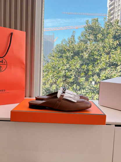 Hermes Women Brown White Leather Fringe Mules
